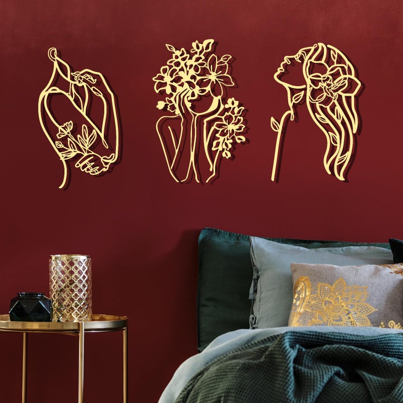 Photect 3 Pcs Metal Wall Art Decor Minimalist Abstract Woman Wall Art metal Modern Line Drawing Wall Art Decor Female Single Line Wall Home Hanging for Bedroom Bathroom Living Room, Gold(Romantic) - Image 1