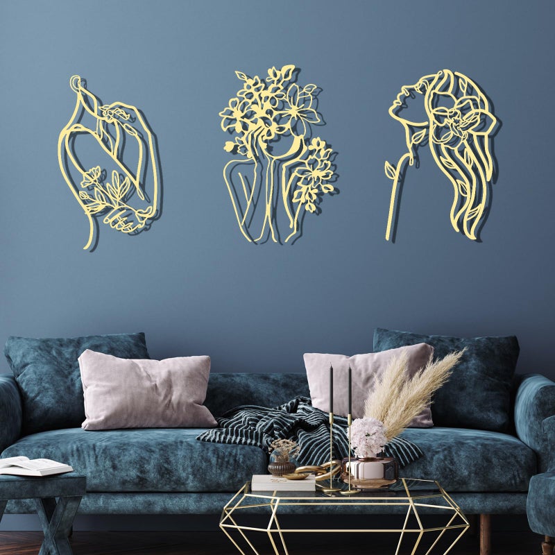Photect 3 Pcs Metal Wall Art Decor Minimalist Abstract Woman Wall Art metal Modern Line Drawing Wall Art Decor Female Single Line Wall Home Hanging for Bedroom Bathroom Living Room, Gold(Romantic) - Image 2