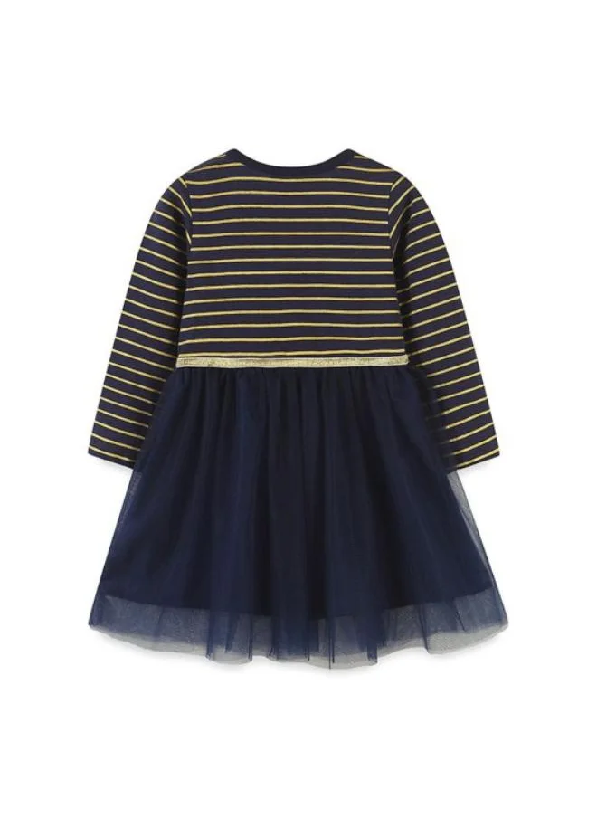 YUNIQEE Navy Blue Fit & Flare Crew Neck Striped Dress