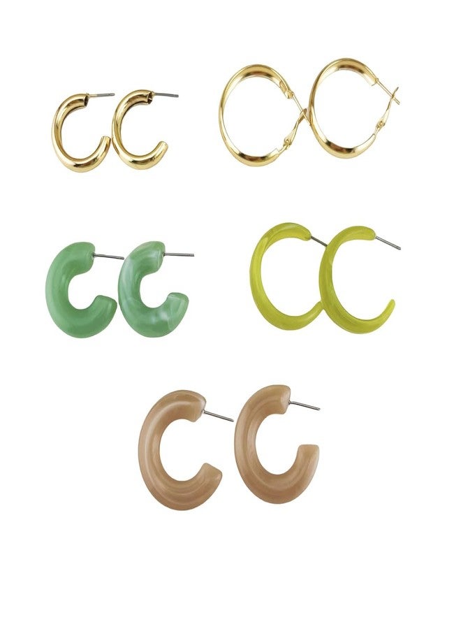 ASHMITA 5 PCS Gold Lightweight Thick Huggie Earrings set Type C Green acrylic earrings Jewelry for Women - Image 1