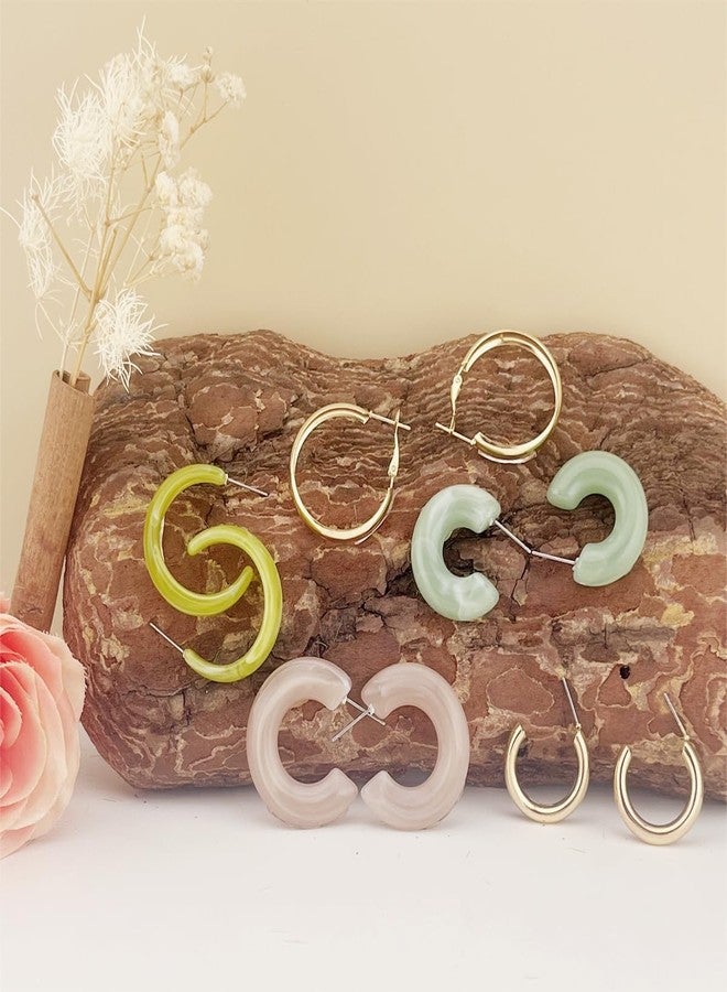 ASHMITA 5 PCS Gold Lightweight Thick Huggie Earrings set Type C Green acrylic earrings Jewelry for Women - Image 3