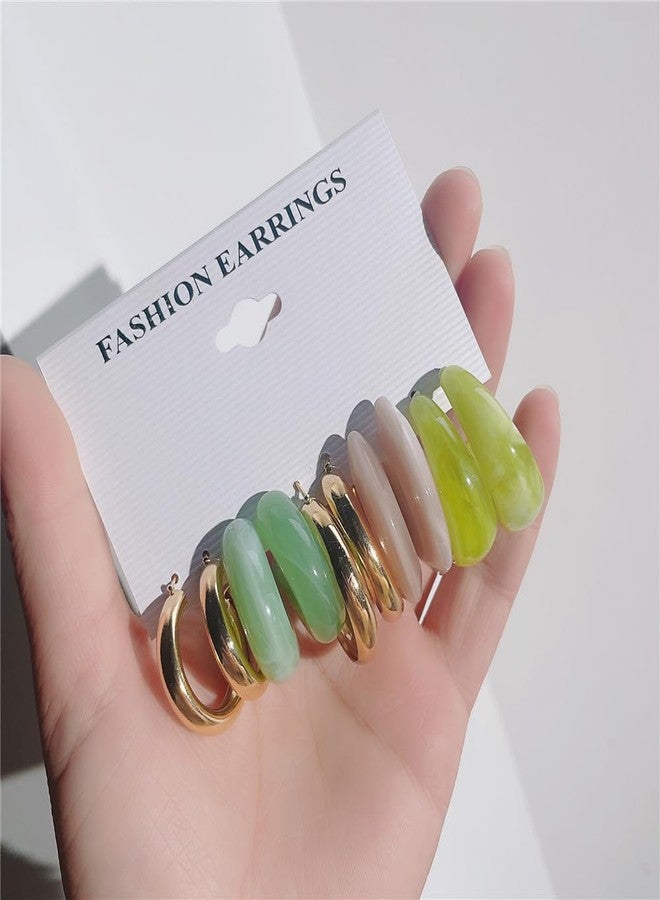ASHMITA 5 PCS Gold Lightweight Thick Huggie Earrings set Type C Green acrylic earrings Jewelry for Women - Image 5