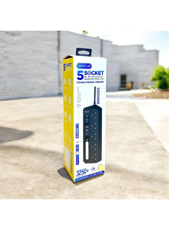 Digitplus 5-Socket Power Extension Strip – 3250W, 3m Cable, 2 USB + 2 USB-C PD (35W+20W), Smart ID, Touch LED Lamp - Image 2