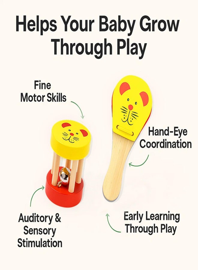 MiniMoo Originals - Wooden Baby Rattle Set | Yellow Mouse Shaker and Clapper Combo | Animal Rattle for Babies & Toddlers Ages 1-3 - Image 3