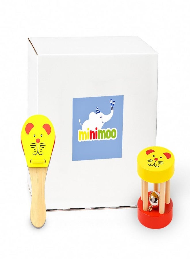 MiniMoo Originals - Wooden Baby Rattle Set | Yellow Mouse Shaker and Clapper Combo | Animal Rattle for Babies & Toddlers Ages 1-3 - Image 1