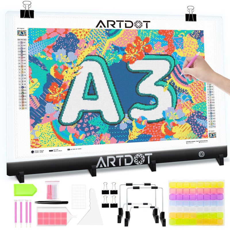 ARTDOT A3 LED Light Pad for Diamond Painting, USB Powered Light Board Kit, Adjustable Brightness with Diamond Painting Tools Detachable Stand and Clips - Image 1