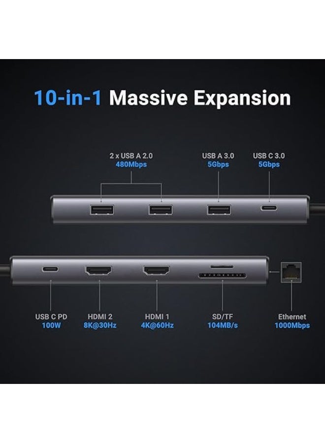 UGREEN ECO UGREEN Revodok Pro USB C Hub 10-in-1 Dual Monitor Docking Station with Single 8K@30Hz Dual HDMI 4K@60Hz, SD Card Reader, Ethernet Port, USB A and Type C Data Port,100W PD Charging for MacBook Dell HP - Image 5