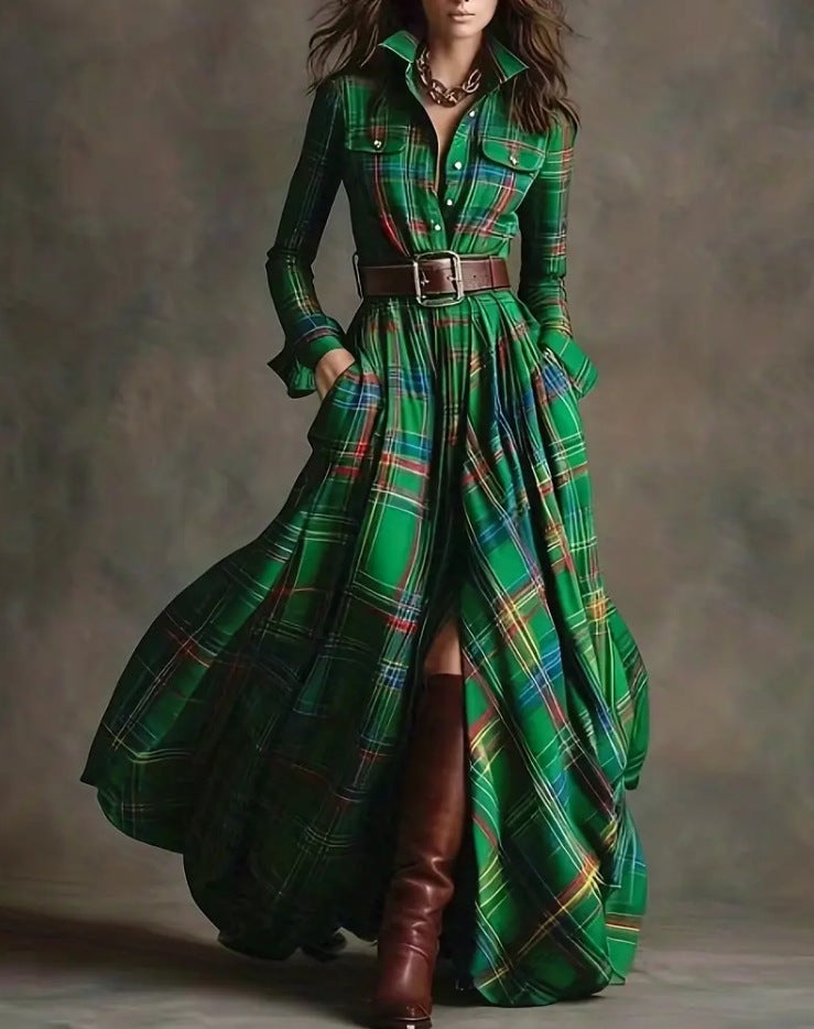 Plus Size French Retro Plaid Slimming Irregular Dress - New Design - Image 1