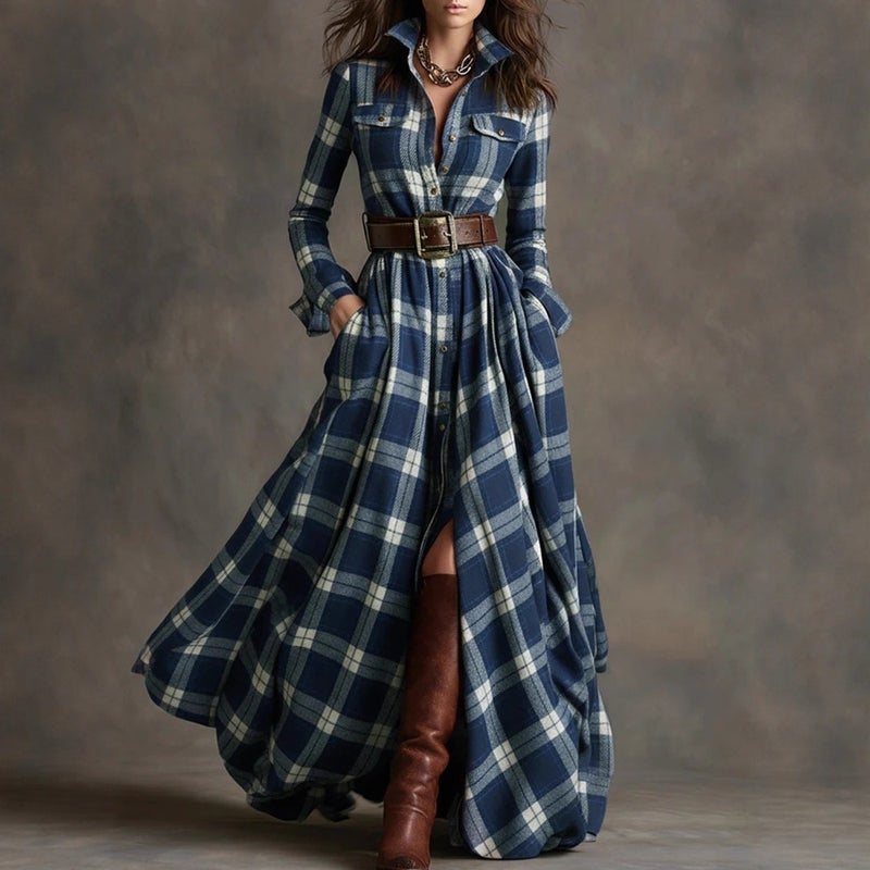 Plus Size French Retro Plaid Slimming Irregular Dress - New Design - Image 5