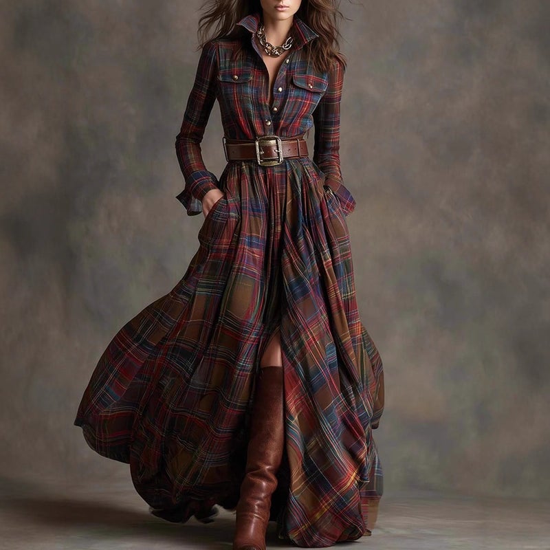 Plus Size French Retro Plaid Slimming Irregular Dress - New Design - Image 2