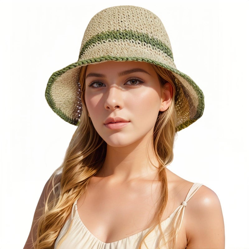 Askljeby Womens Sun Hats Wide Brim Summer Beach Hat for Women Foldable Bucket Fedora Handmade Crochet Straw Hat Packable UPF50,Beige-Green - Image 1