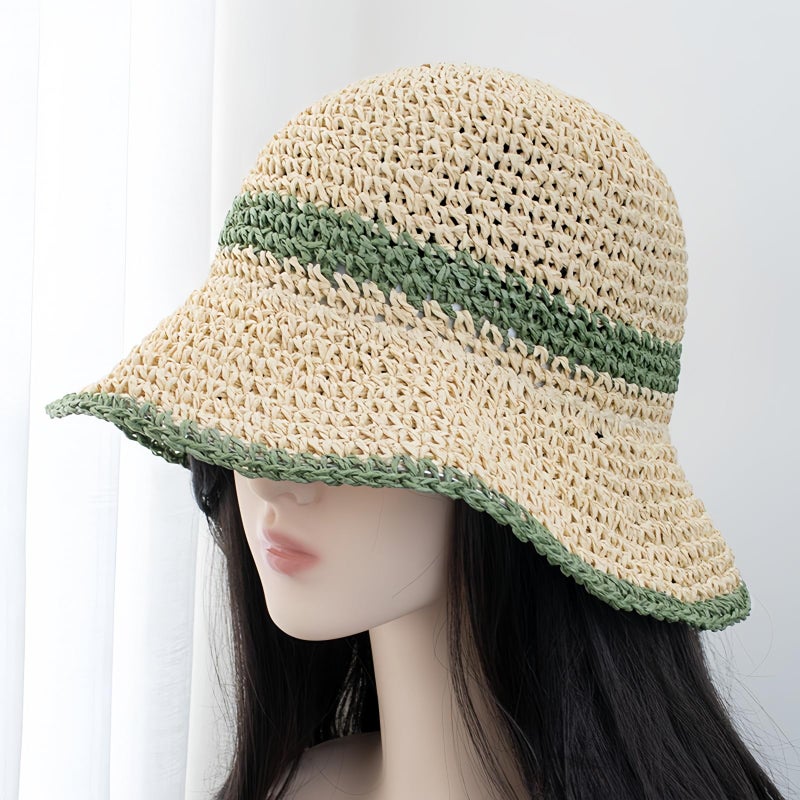 Askljeby Womens Sun Hats Wide Brim Summer Beach Hat for Women Foldable Bucket Fedora Handmade Crochet Straw Hat Packable UPF50,Beige-Green - Image 3