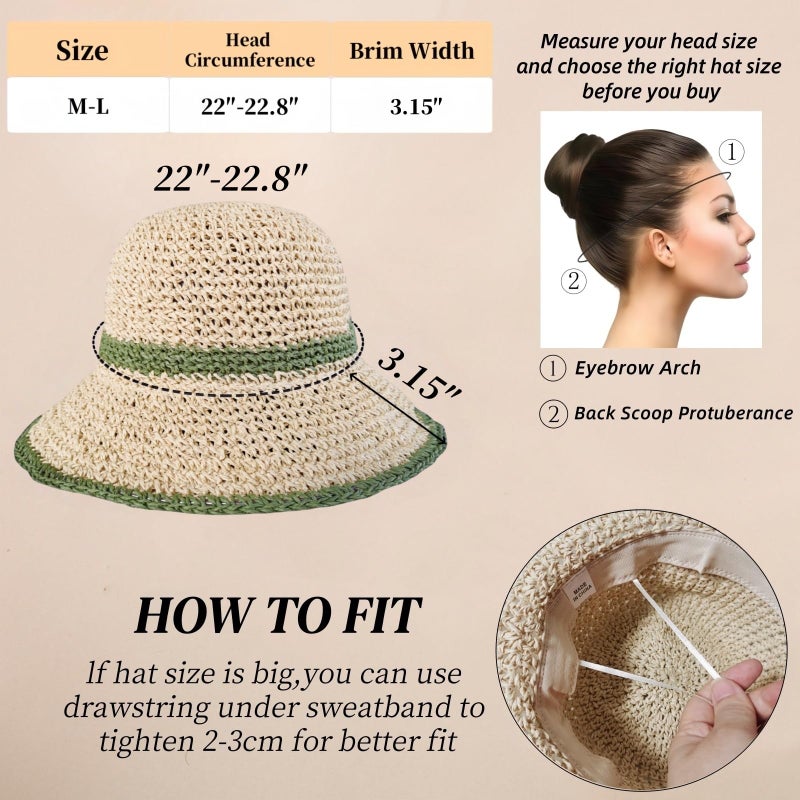 Askljeby Womens Sun Hats Wide Brim Summer Beach Hat for Women Foldable Bucket Fedora Handmade Crochet Straw Hat Packable UPF50,Beige-Green - Image 2
