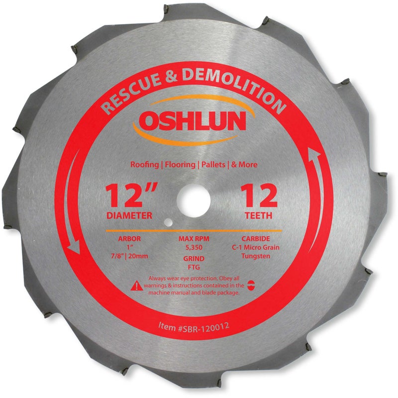 Oshlun SBR120012 12Inch 12 Tooth FTG Saw Blade with 1Inch Arbor 78Inch and 20mm Bushings for Rescue and Demolition