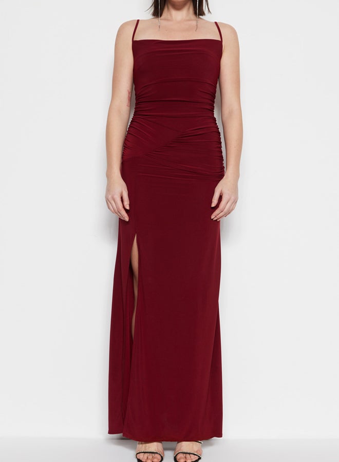 trendyol Burgundy Knitted Long Elegant Evening Night Graduation Dress - Image 3