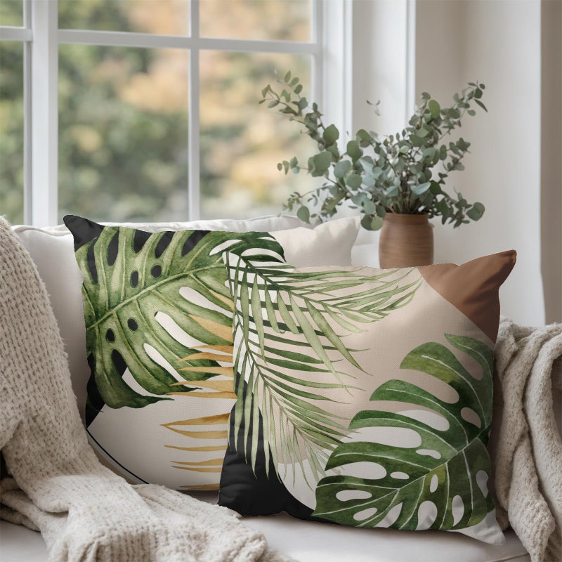 Wnoesat Tropical Palm Leaves Decorative Throw Pillow Covers 18x18 Inch Set of 2 Summer Green Banana Leaf Monstera Plant Pillow Cases Modern Farmhouse Outdoor Cushion Cases for Home Couch Sofa - Image 3