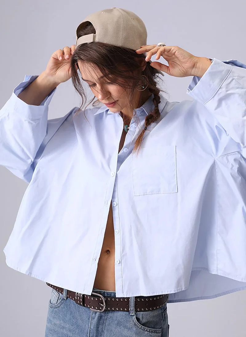 يونيكي Light Blue Spread Collar Kimono Sleeves Relaxed Fit Shirt