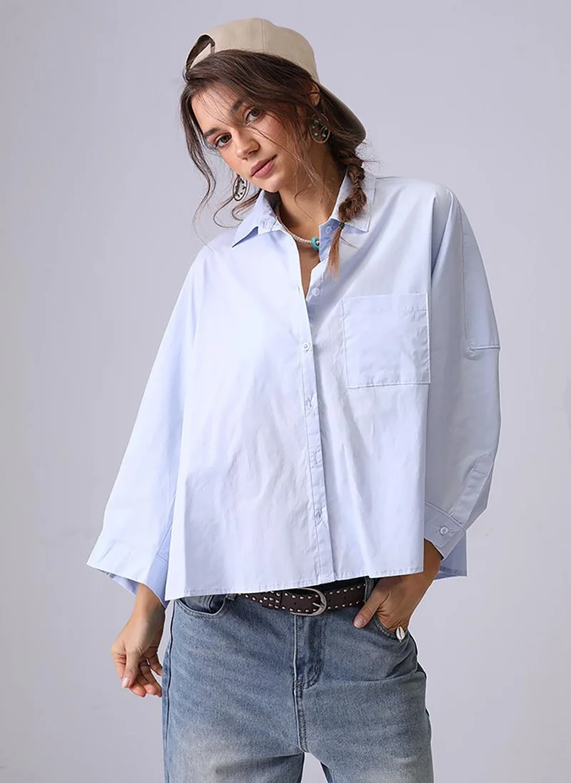 يونيكي Light Blue Spread Collar Kimono Sleeves Relaxed Fit Shirt