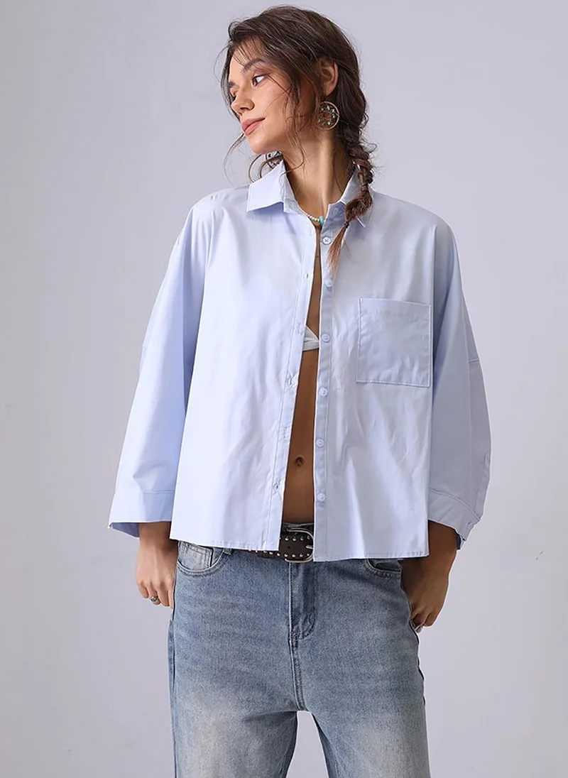يونيكي Light Blue Spread Collar Kimono Sleeves Relaxed Fit Shirt