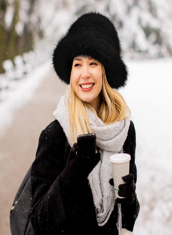 Peicees Faux Fur Hats for Women Winter Furry Bucket Hat Fuzzy Russian Ushanka for Ladies Warm Cute Black - Image 5