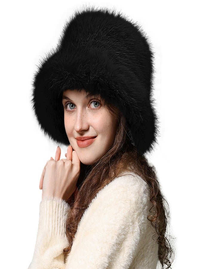 Peicees Faux Fur Hats for Women Winter Furry Bucket Hat Fuzzy Russian Ushanka for Ladies Warm Cute Black - Image 1