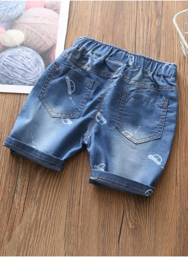 YUNIQEE Blue Regular Fit Mid Rise Printed Denim Shorts