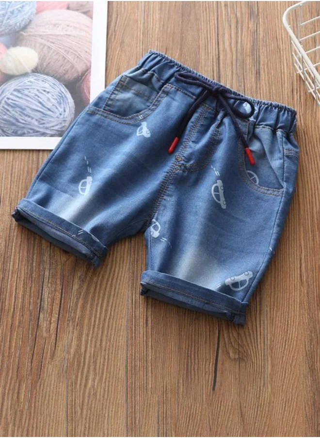 YUNIQEE Blue Regular Fit Mid Rise Printed Denim Shorts
