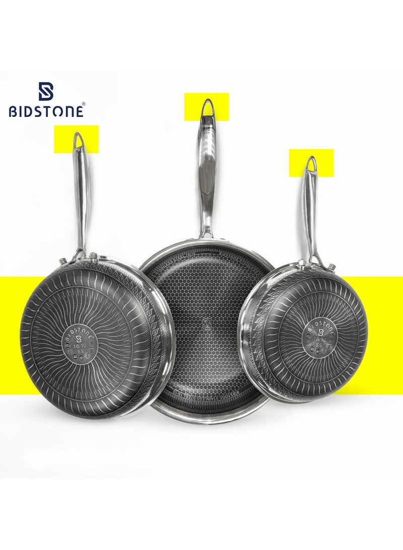 BIDSTONE Honeycomb 3 Piece Stainless Steel Frying Pan Set 20 24 28 cm | Premium Non Stick Design | Durable Induction Cookware oven safe | NON TOXIC PFOA PTFE PFOS FREE - Image 1