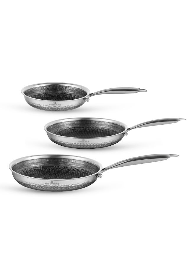 BIDSTONE Honeycomb 3 Piece Stainless Steel Frying Pan Set 20 24 28 cm | Premium Non Stick Design | Durable Induction Cookware oven safe | NON TOXIC PFOA PTFE PFOS FREE - Image 3