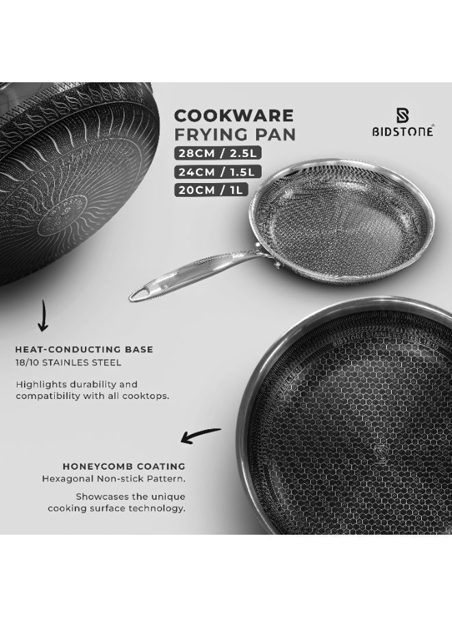 BIDSTONE Honeycomb 3 Piece Stainless Steel Frying Pan Set 20 24 28 cm | Premium Non Stick Design | Durable Induction Cookware oven safe | NON TOXIC PFOA PTFE PFOS FREE - Image 2