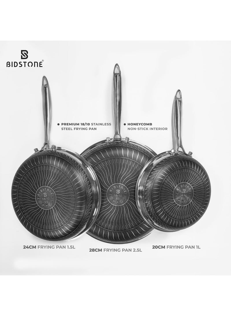 BIDSTONE Honeycomb 3 Piece Stainless Steel Frying Pan Set 20 24 28 cm | Premium Non Stick Design | Durable Induction Cookware oven safe | NON TOXIC PFOA PTFE PFOS FREE - Image 4