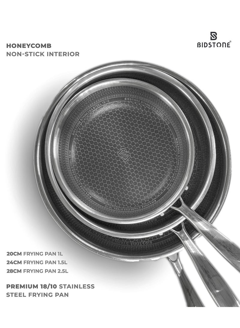 BIDSTONE Honeycomb 3 Piece Stainless Steel Frying Pan Set 20 24 28 cm | Premium Non Stick Design | Durable Induction Cookware oven safe | NON TOXIC PFOA PTFE PFOS FREE - Image 5
