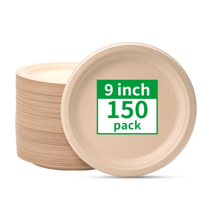 RACETOP Compostable Paper Plates 9 Inch [150 Pack]  Disposable Biodegradable Heavy Duty Paper Plates  Made of Natural Sugarcane Fibers  Unbleached Brown  Round - Image 1