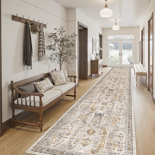 Madane Hallway Runner Rug 2'6''x14' Kitchen Runner, Non Slip Vintage Runners for Hallways Washable Kitchen Rugs Soft Low Pile 2.5x14 ft Rug Runner for Laundry Room, Entryway and Bedroom, Brown/Gold - Image 1