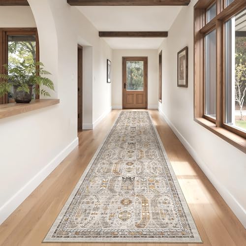 Madane Hallway Runner Rug 2'6''x14' Kitchen Runner, Non Slip Vintage Runners for Hallways Washable Kitchen Rugs Soft Low Pile 2.5x14 ft Rug Runner for Laundry Room, Entryway and Bedroom, Brown/Gold - Image 4