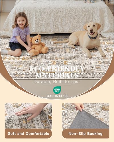 Madane Hallway Runner Rug 2'6''x14' Kitchen Runner, Non Slip Vintage Runners for Hallways Washable Kitchen Rugs Soft Low Pile 2.5x14 ft Rug Runner for Laundry Room, Entryway and Bedroom, Brown/Gold - Image 5