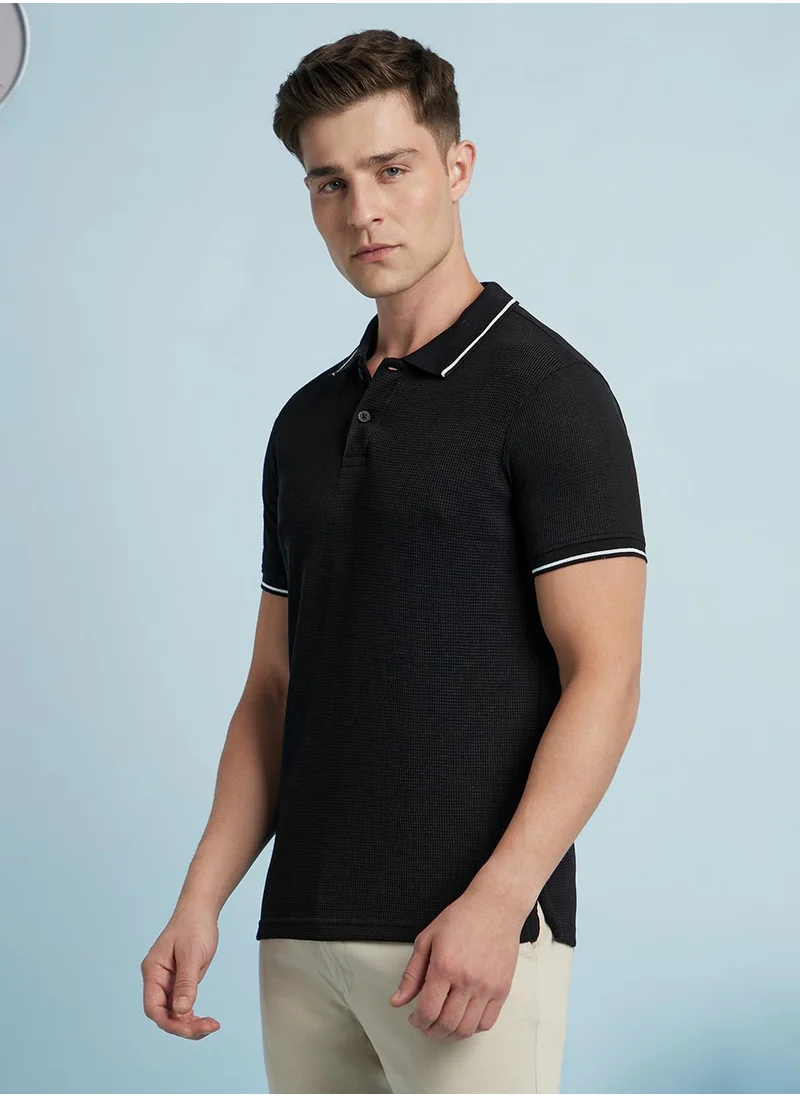 Dennis Lingo Regular Fit Black Cotton/Poly Solid Polo Neck Half Sleeve T-Shirts For Men