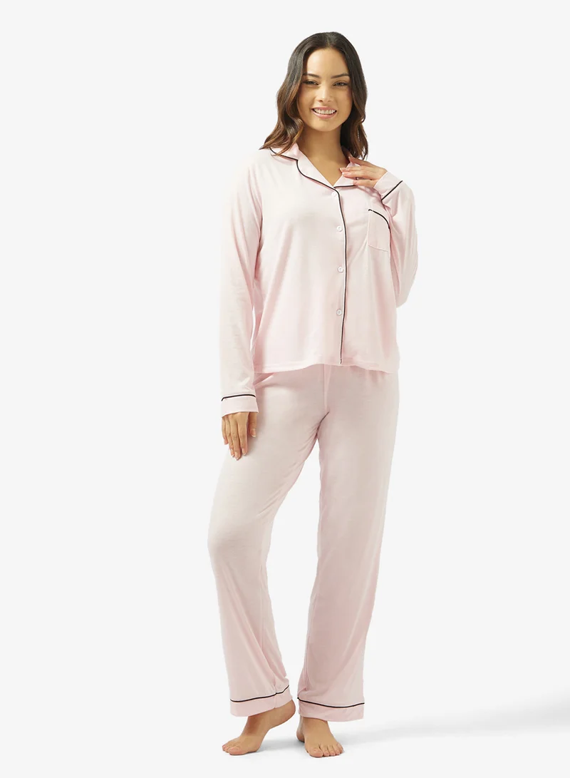 جينجر Soft Touch Button Up Shirt & Pyjama Coord Set