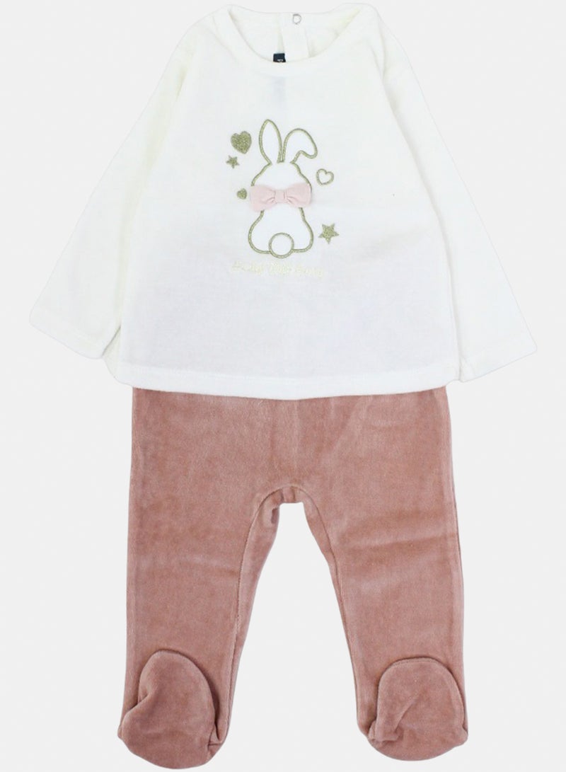 Baby Girls Outfit Set – Off-White & Dusty Pink with Bunny Embroidery