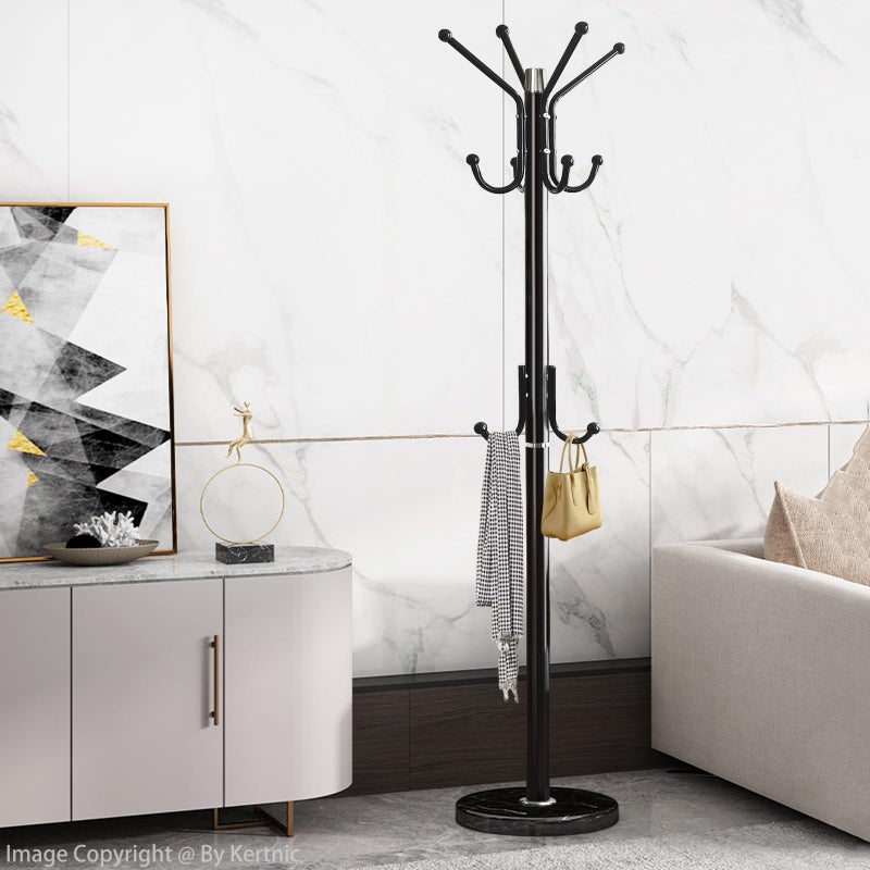 Kertnic Modern Coat Rack Freestanding with Natural Marble Base & Sturdy Metal Frame, 11 Hooks Hall Tree for Jackets, Hats, Bags, Entryway Organizer for Bedroom, Living Room, Closet (11 hooks-Black) - Image 2
