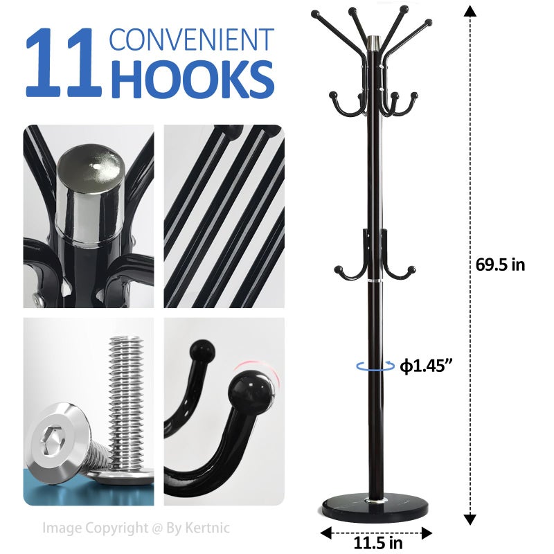 Kertnic Modern Coat Rack Freestanding with Natural Marble Base & Sturdy Metal Frame, 11 Hooks Hall Tree for Jackets, Hats, Bags, Entryway Organizer for Bedroom, Living Room, Closet (11 hooks-Black) - Image 3