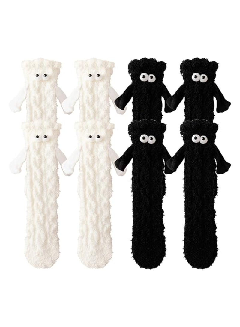 SOLARAE Hand in Hand Socks, 4 Pairs Knitted Size Winter Thermal Friendship Socks, Couple Holding Hands Socks, Hand Holding Socks for Women, Sweat Absorbent 3D Solid Color Cute Mid-calf Holding Hands Socks - Image 1