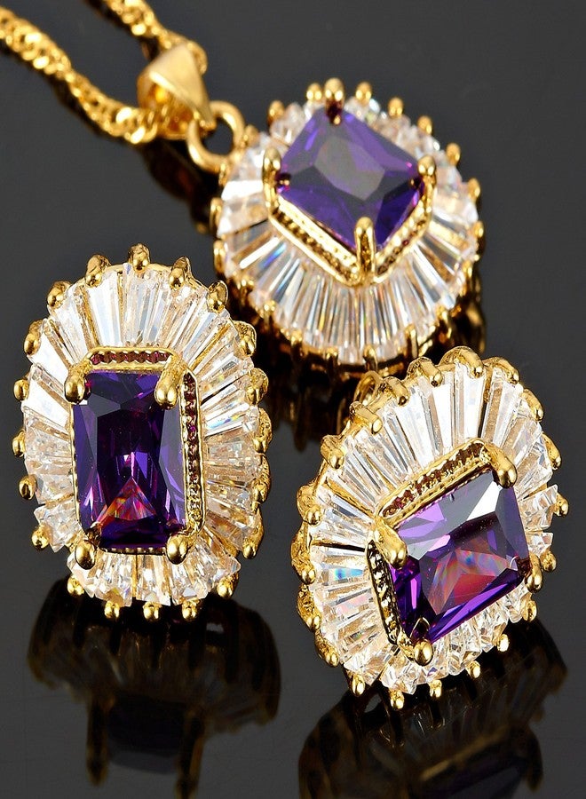 RIZILIA Rectangular Radiant Cut Birthstone Jewelry Set for Women - February Simulated Purple Amethyst - 14K Yellow Gold Plated Pendant Necklace Stud Earrings, 18"+2" Chain - Gift Boxed for Her, Mother - Image 3