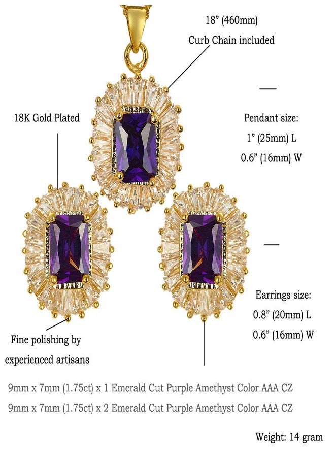 RIZILIA Rectangular Radiant Cut Birthstone Jewelry Set for Women - February Simulated Purple Amethyst - 14K Yellow Gold Plated Pendant Necklace Stud Earrings, 18"+2" Chain - Gift Boxed for Her, Mother - Image 2