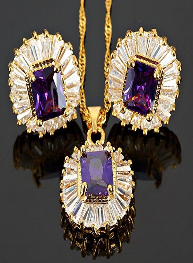 RIZILIA Rectangular Radiant Cut Birthstone Jewelry Set for Women - February Simulated Purple Amethyst - 14K Yellow Gold Plated Pendant Necklace Stud Earrings, 18"+2" Chain - Gift Boxed for Her, Mother - Image 4