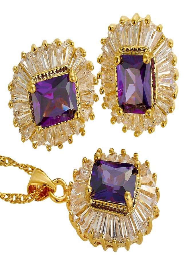 RIZILIA Rectangular Radiant Cut Birthstone Jewelry Set for Women - February Simulated Purple Amethyst - 14K Yellow Gold Plated Pendant Necklace Stud Earrings, 18"+2" Chain - Gift Boxed for Her, Mother - Image 1
