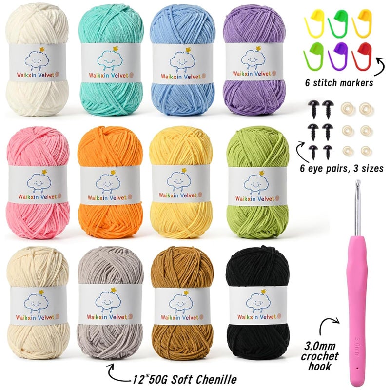 Waikxin 12 Pack Fluffy Chenille Yarn for Crocheting, Baby Yarn for Crocheting Soft, 600g/21oz Velvet Fingering Weight Amigurumi Yarn for Crochet Baby Blanket&DIY Crafts.(Set B) - Image 2