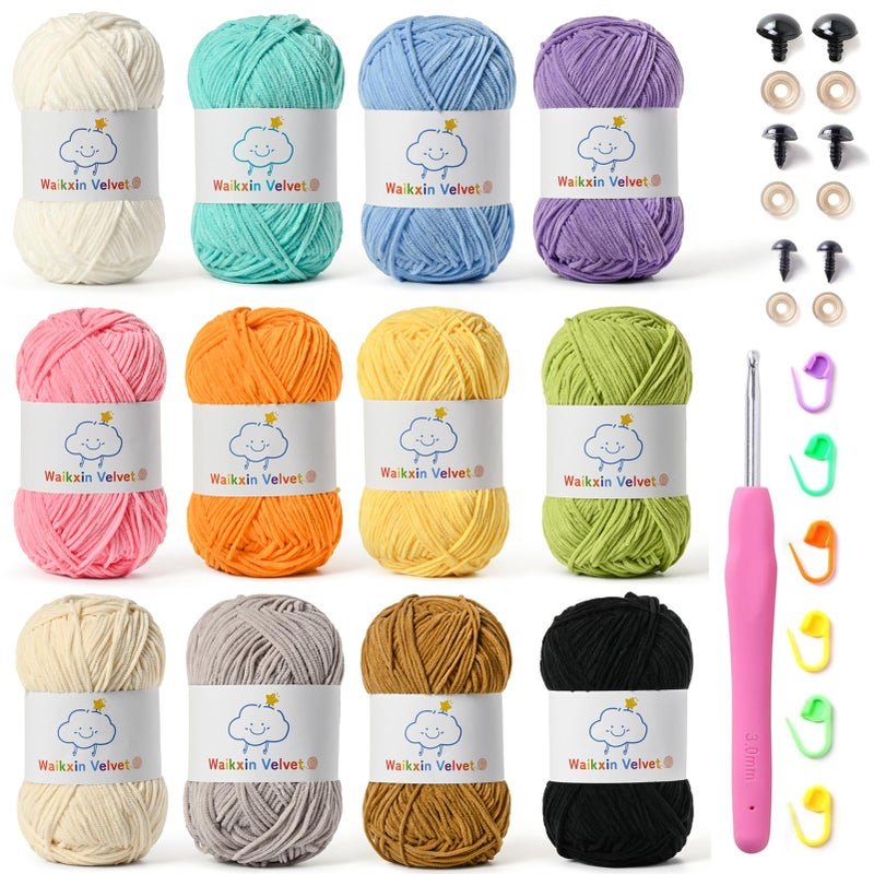 Waikxin 12 Pack Fluffy Chenille Yarn for Crocheting, Baby Yarn for Crocheting Soft, 600g/21oz Velvet Fingering Weight Amigurumi Yarn for Crochet Baby Blanket&DIY Crafts.(Set B) - Image 1