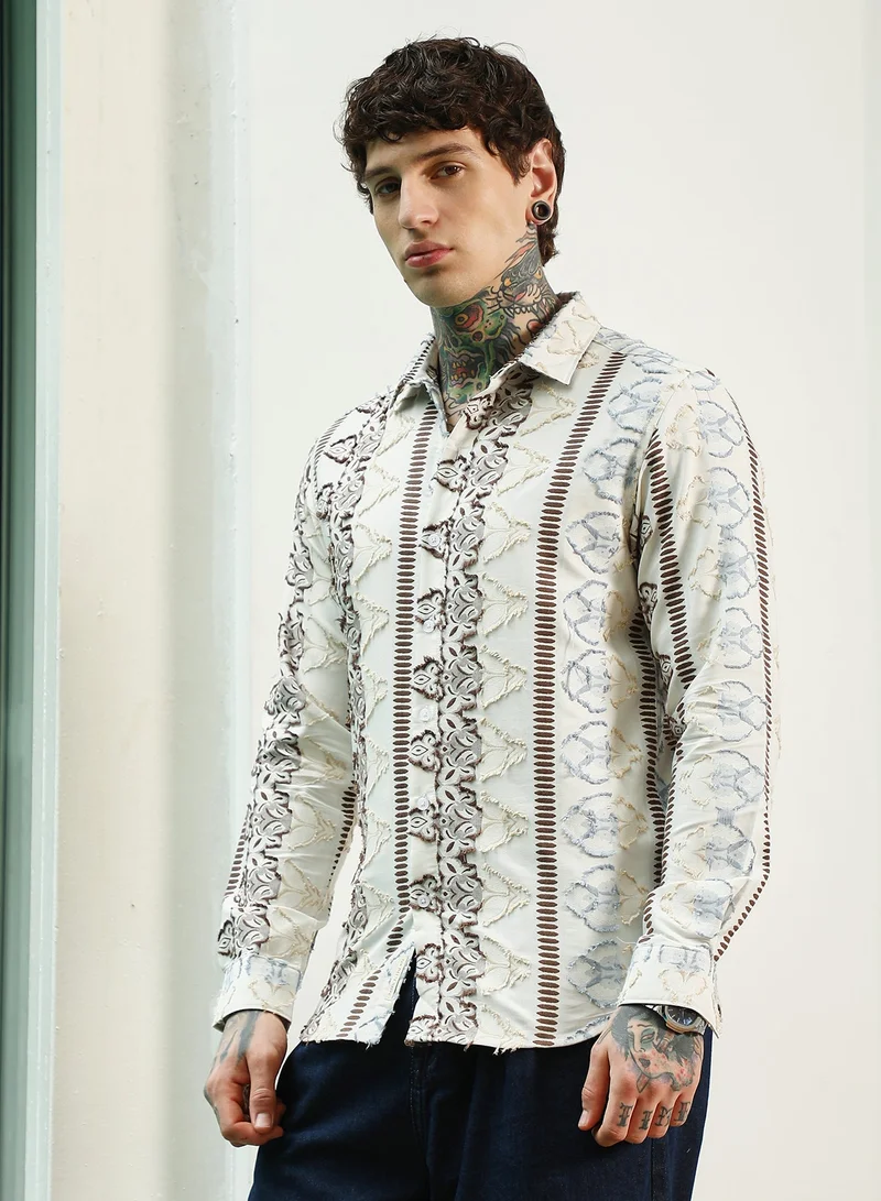 CAHOOT  Men's Off White Self Design Cotton-Poly Blend Full Sleeve Shirt for Men | Best Price UAE