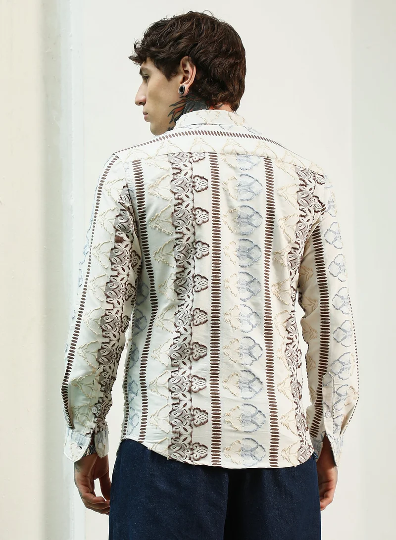 CAHOOT  Men's Off White Self Design Cotton-Poly Blend Full Sleeve Shirt for Men | Best Price UAE